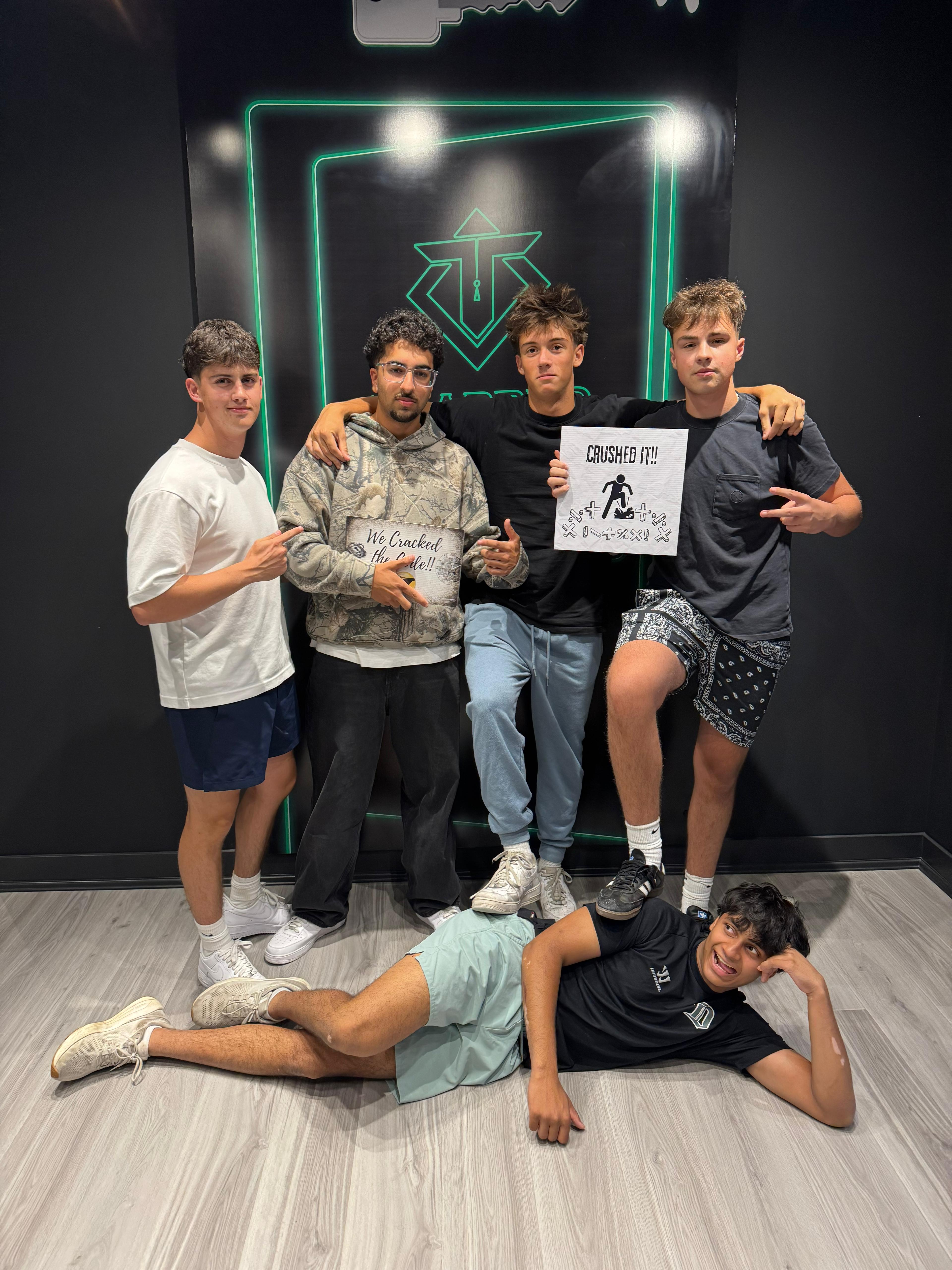 Friends celebrating successful escape